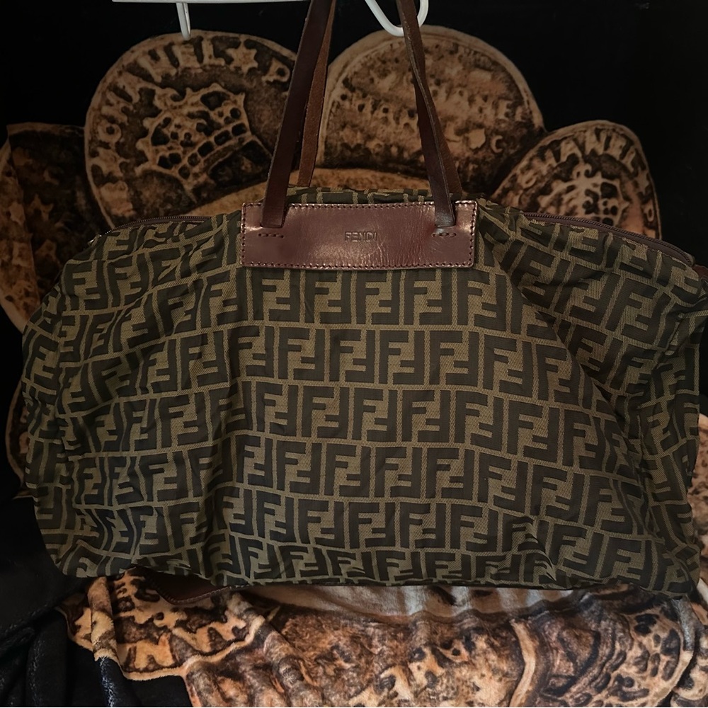 Fendi Large Zucca Canvas Duffle Weekender Tote Bag Black Brown